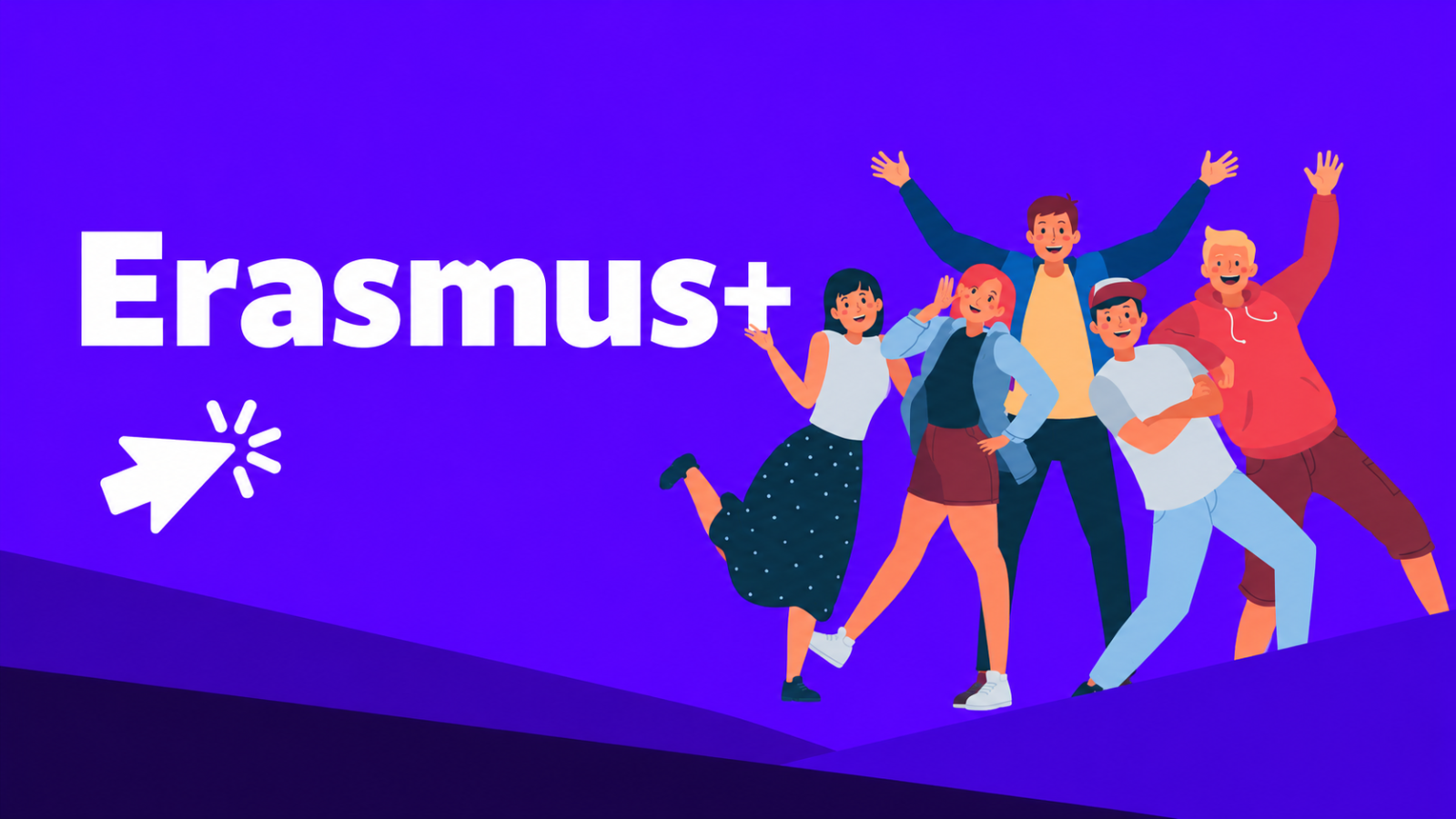 Erasmus+ – skupina študentov na fialovom pozadí