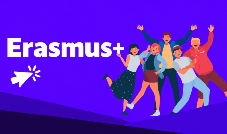 Erasmus+ – skupina študentov na fialovom pozadí