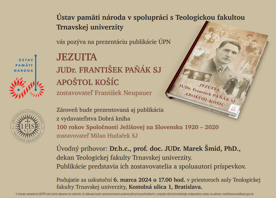 Pozvánka na prezentáciu publikácií o Františkovi Paňákovi SJ a dejinách jezuitov
